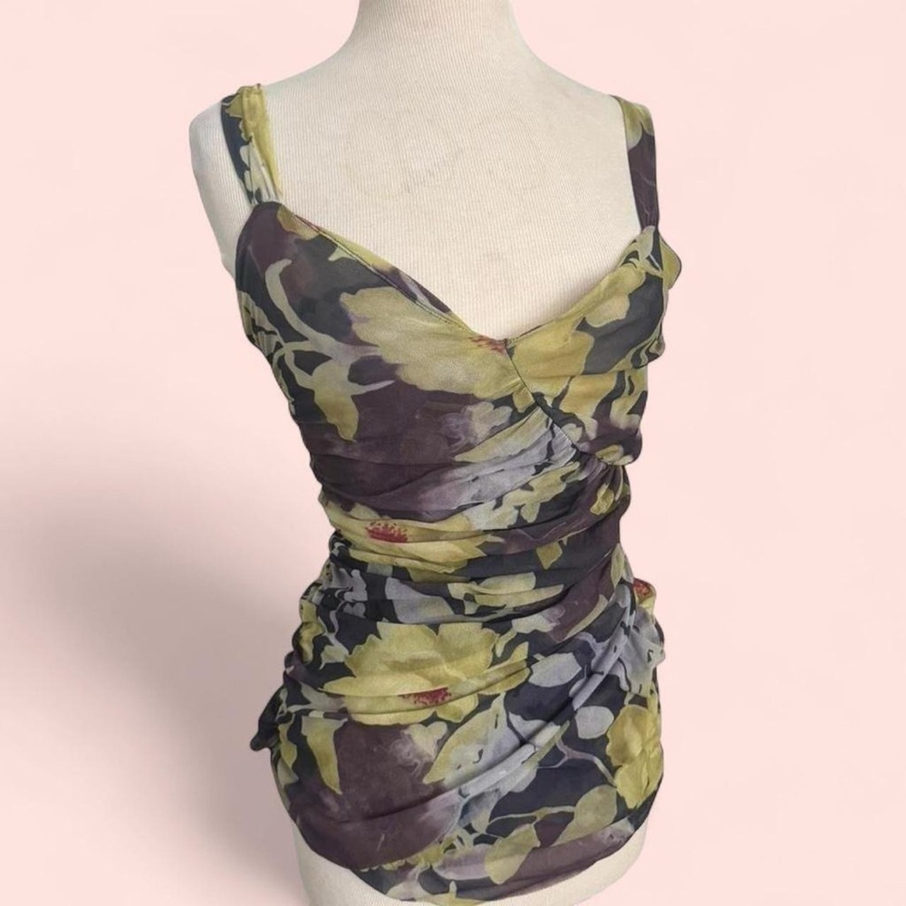 Y2K Vintage Ruched Contour Floral Graphic Going Out Cami Stretch Mesh Tank Top